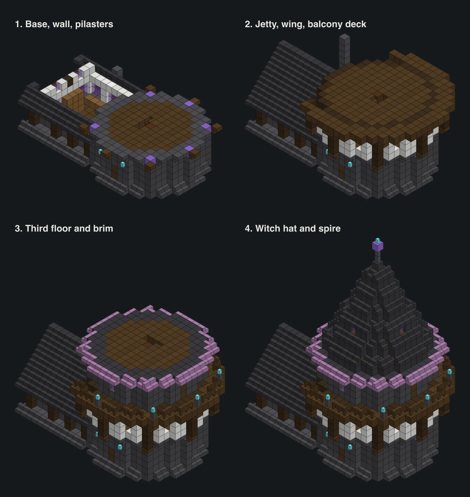 Four 3D block diagrams of the wizard tower at different stages: the base and ground floor, then the jetty, wing and deck, then the third floor and purple brim, then the finished witch hat and spire