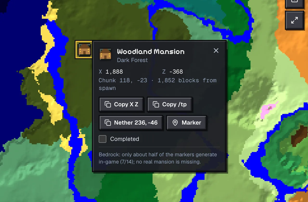 Structure popup for the woodland mansion at 1888, -368 on seed 123456789, with distance from spawn and copy buttons