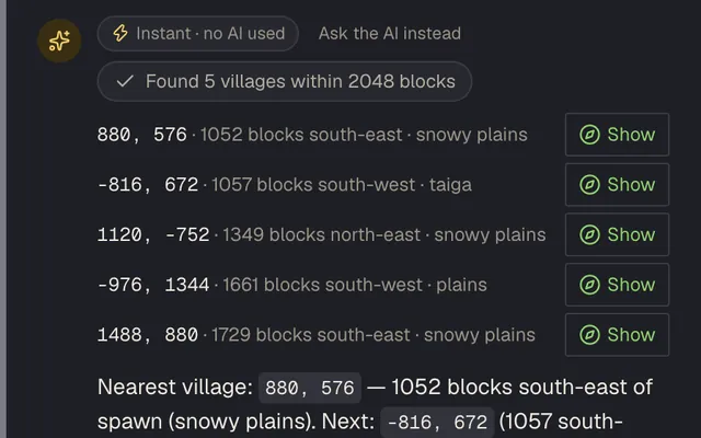 The AI seed assistant drawer answering “Where is the nearest village to spawn?” with coordinates