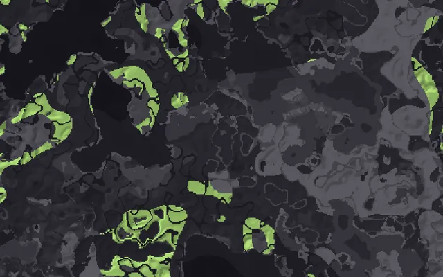 Zoomed-out seed map with every plains biome highlighted in green and the rest of the world dimmed