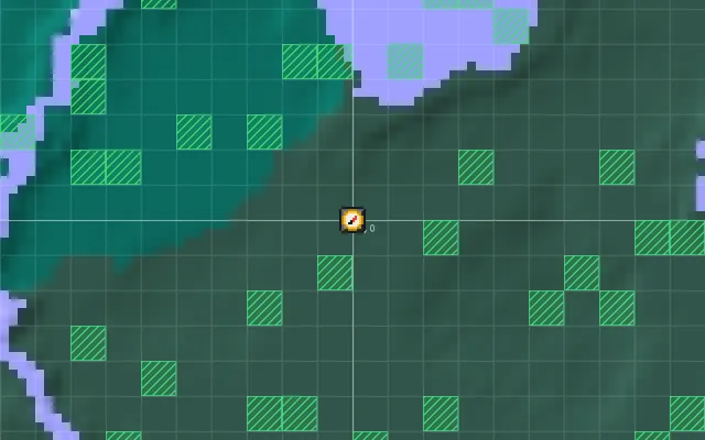 Close-up seed map with slime chunks highlighted in green on a chunk grid